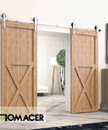 Brushed Nickel Non Bypass Sliding Barn Door Hardware Kit For Two Doors With 7ft Flat Track And Arrow Design Rollers Installed