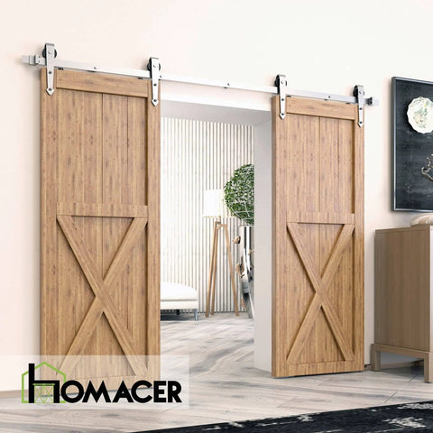 Brushed Nickel Non Bypass Sliding Barn Door Hardware Kit For Two Doors With 7ft Flat Track And Arrow Design Rollers Installed