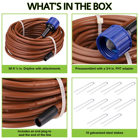 Drip Irrigation Kit For Vegetable Gardens With Fifty Feet Of One Quarter Inch Dripline, Three Quarter Inch FHT Adapter, Ten Hold-Down Stakes, And End Plug - No-Fuss Quick Setup Garden Watering System To Save Time And Water contents
