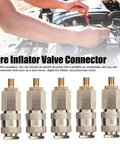 5 Pcs Universal Tire Inflator Adapter And Air Compressor Quick Swap Connector Set Hella Versatile 3 In One Pneumatic Tool Converter for Blowers and Digital Tires Smooth Operation. Metal tire inflator valve connectors, showing five pieces with gold finishes.