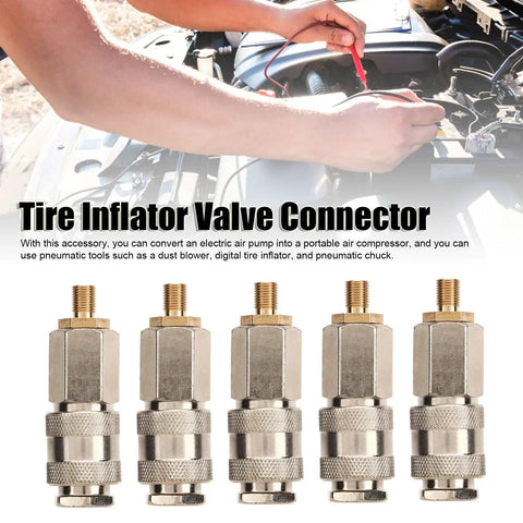 5 Pcs Universal Tire Inflator Adapter And Air Compressor Quick Swap Connector Set Hella Versatile 3 In One Pneumatic Tool Converter for Blowers and Digital Tires Smooth Operation. Metal tire inflator valve connectors, showing five pieces with gold finishes.