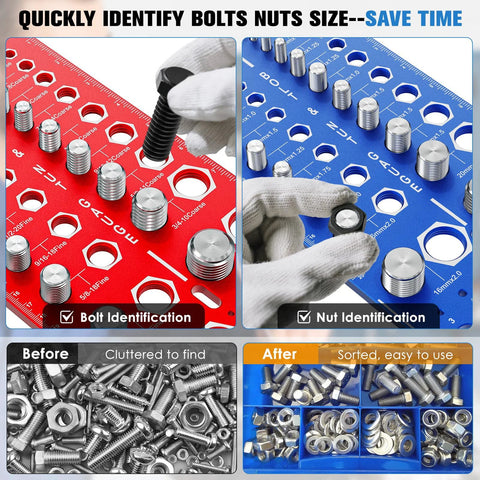 Nut and bolt thread gauge collage: red and blue boards showing SAE/Metric sizes with assorted bolts and nuts.