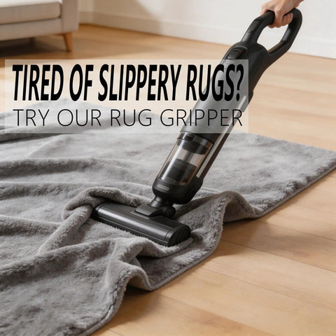 Vacuum cleaner adjusting a grey rug with 16Pcs Rug Gripper Tape Set, Non Slip Carpet Tape For Hardwood Floors And Tiles shown in use