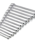 SAE 13 Piece 6 Point Combination Wrench Set With Full Polish Chrome Finish Includes 1/4 5/16 3/8 7/16 1/2 9/16 5/8 11/16 3/4 13/16 7/8 15/16 And 1 Inch Sizes Durable Heat Treated Chrome Vanadium Steel Stamped Size Callouts