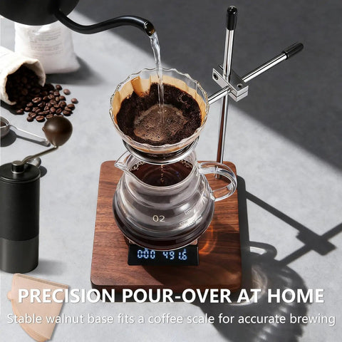 Premium Sturdy North American Black Walnut Pour Over Coffee Maker Stand with adjustable holder and scale for accurate brewing.