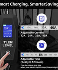 Smart Level 2 EV Charger Portable 40 Amp 9.6kW with display and control settings for adjustable current and timing.