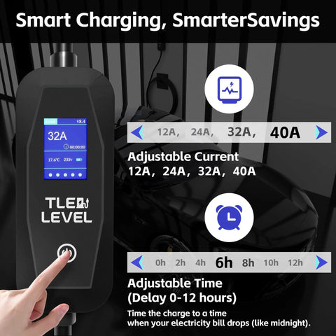 Smart Level 2 EV Charger Portable 40 Amp 9.6kW with display and control settings for adjustable current and timing.