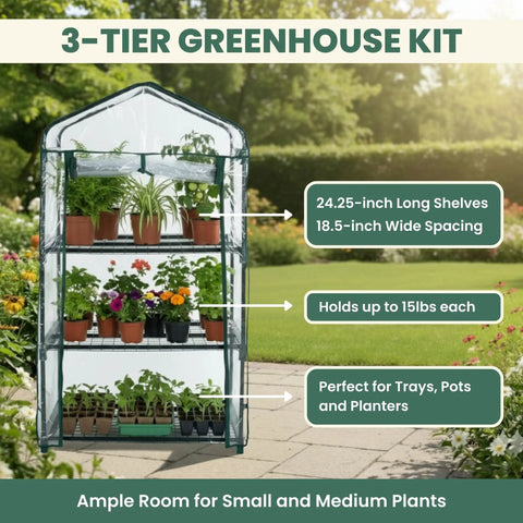 Three Tier Mini Greenhouse Portable Indoor Outdoor Grow Space With Rust Resistant Frame And PVC Cover, 27.5x19x50 Inches, Easy Setup, Ideal Starter Kit For Seedlings And Plant Flats