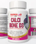 Front and back view of Calci Bone D3 supplement for pigeons, in a 100-tablet bottle with vitamin D3 for bone health support.