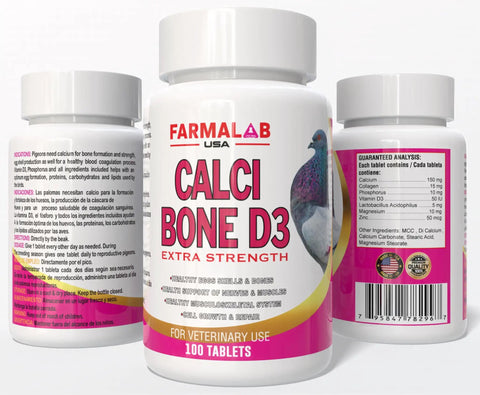 Front and back view of Calci Bone D3 supplement for pigeons, in a 100-tablet bottle with vitamin D3 for bone health support.