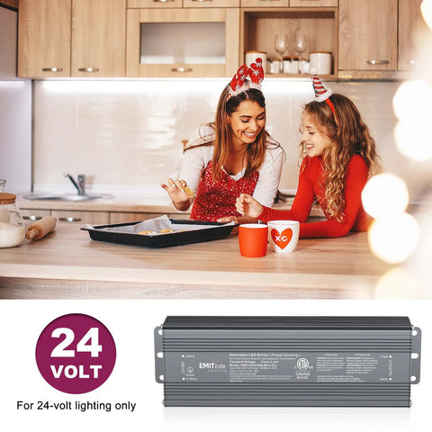 96W Triac Dimmable LED Driver Power Supply 120V AC to 24V DC Transformer with Lutron Leviton Dimmers shown in kitchen use