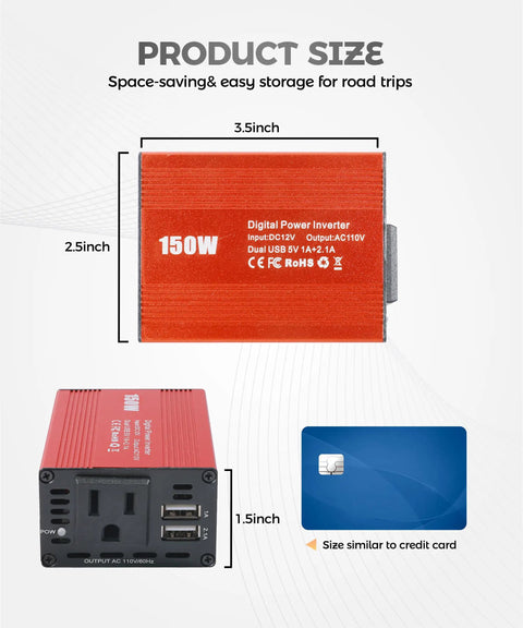 Heavy Duty 150W Car Power Inverter With 12V DC To 110V AC Outlet And Dual 3.1A USB Charging Ports, red metal housing, 3.5x2.5x1.5 inches.