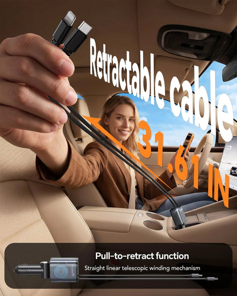 Person in car holding Ultra Flexible USB C Car Charger With Fast Charge For iPhone 17 16 15 Galaxy S26 Pixel And More