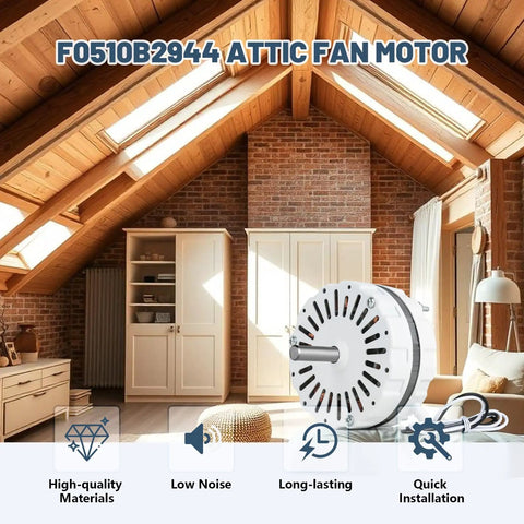 Attic Fan Motor Replacement For Lomanco 2000 And 1800 Series, Compatible With F0510B2944, displayed in attic room.