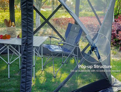 Inside view of Pop Up Gazebo Screen House Tent 11.5 Ft for 8 to 10 People Instant Canopy Shelter with netting in backyard