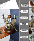 Antique Brass Orrery Desk Model, Handcrafted Vintage Gear System With Planetary Orbits From Mercury To Moon, 8 Inch