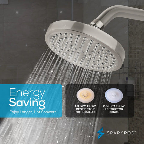 High Pressure 6 Inch Rain Shower Head With 6 Inch Shower Arm Chrome Finish in use with water flow restrictors, luxury style