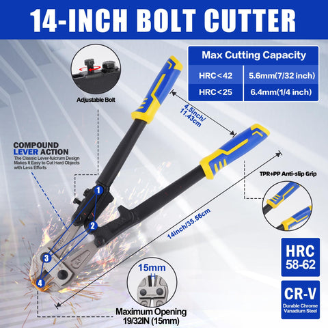 Image of Beefy 4 Piece Cutter Set For Every Cut Job, showing the Heavy Duty 14 Inch Bolt Cutter with ergonomic blue and yellow handles.