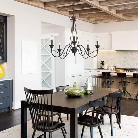 Brown Rust Metal Finish 5 Light Farmhouse Chandelier For Dining Room, Rustic Modern Industrial Style With Edison Candelabra Bulbs