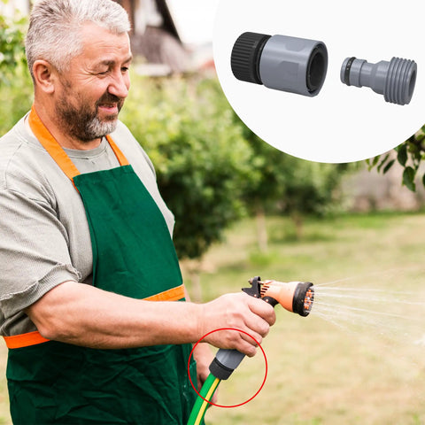 Man using 12 Piece 3/4 Inch Garden Hose Quick Connectors Kit With Male And Female Adapters, shown in insert image.