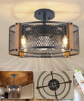 Farmhouse Caged Ceiling Fan With Lights And Remote Control, 17 Inch Low Profile Rustic Wood Color, Reversible DC Motor, 7-Blade Bedroom Fan