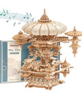3D Wooden Puzzle Kit for Adults With SkyCity Cityscape, 600 Plus Pieces, Mind Blowing Mechanical DIY Craft That Doubles as a Music Box, Perfect STEM Toy Gift for Puzzle Fans and All Occasions; assembled wooden model with box