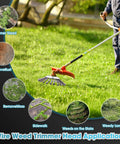 Person using indestructible 8 inch steel wire trimmer head with universal adapter kit for rust and moss removal on lawn.