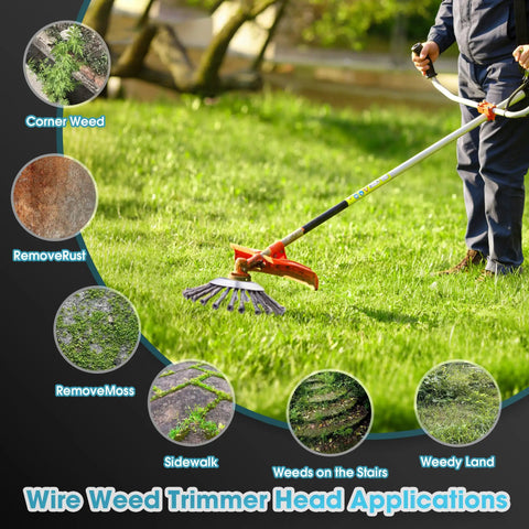 Person using indestructible 8 inch steel wire trimmer head with universal adapter kit for rust and moss removal on lawn.