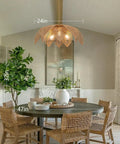 Handcrafted Rattan Chandelier With Three Bright Bulbs For Your Dining Room Or Kitchen Island, 24in size, enhances cozy dining atmosphere.