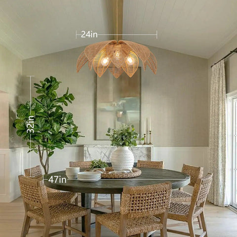 Handcrafted Rattan Chandelier With Three Bright Bulbs For Your Dining Room Or Kitchen Island, 24in size, enhances cozy dining atmosphere.