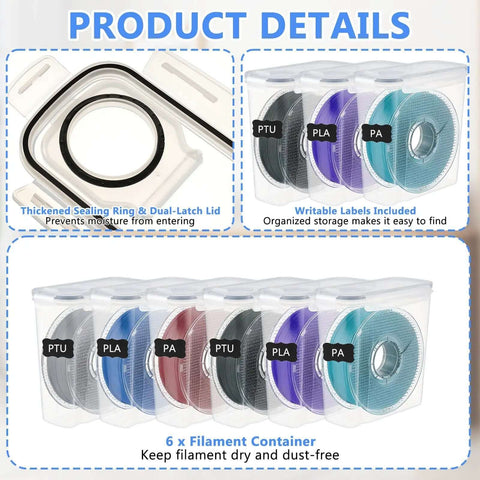 Six Pack 3D Printing Filament Storage Boxes With Thick Silicone Seal Dustproof Portable Organizer for 1.75mm Filaments