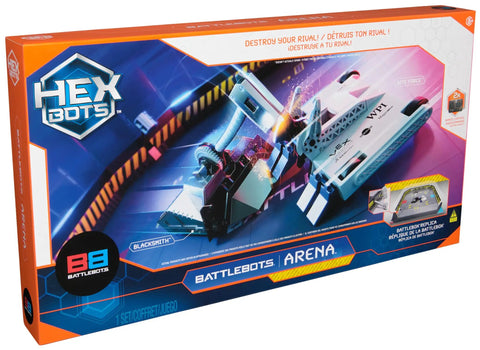 Package of Hella Entertaining BattleBots Arena Remote Control Robot Building Kit With Twenty Plus Pieces showing robot designs.