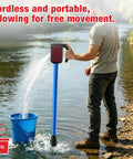 Portable Cordless Stick Water Transfer Pump for Heavy Duty Fluid Moving and Tank Draining used at a riverbank.