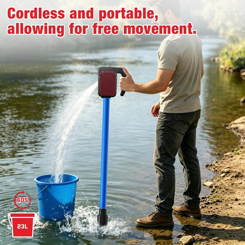 Portable Cordless Stick Water Transfer Pump for Heavy Duty Fluid Moving and Tank Draining used at a riverbank.