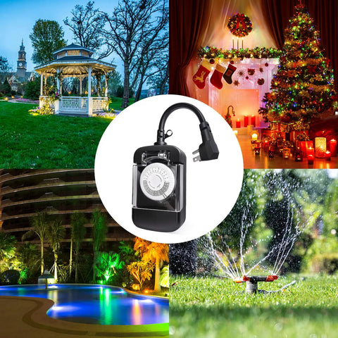 Built Like A Tank 24 Hour Outdoor Mechanical Timer Switch With 2 Grounded Outlets 2 Pack Heavy Duty 15 Amp Plug displayed with outdoor lighting and garden sprinkler.