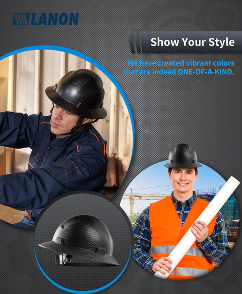 Full Brim FRP Safety Hard Hat With 4 Point Adjustable Ratchet Suspension, OSHA Compliant, black design on construction worker