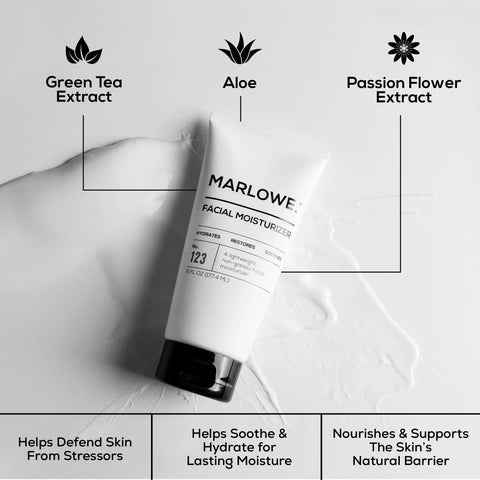Marlowe facial moisturizer with green tea, aloe, and passion flower extracts on textured surface, part of Mens 3 Piece Skincare Set With Exfoliating Scrub Bar Purifying Facial Cleanser And Hydrating Facial Moisturizer Vegan Grooming Essentials Great Gift For Men