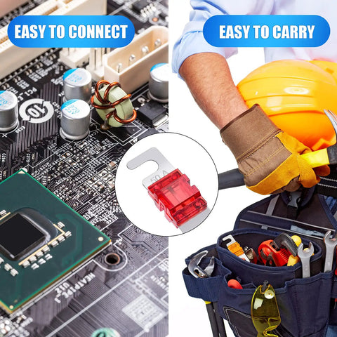 18 Piece Mini ANL Fuse Kit, showing fuse installed in electronics and tools for easy amp install and wiring replacements
