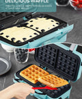All-In-One Waffle Maker And Panini Press With Removable Plates, 1200W Powerhouse Fast Heating, visible open with waffles inside, blue.