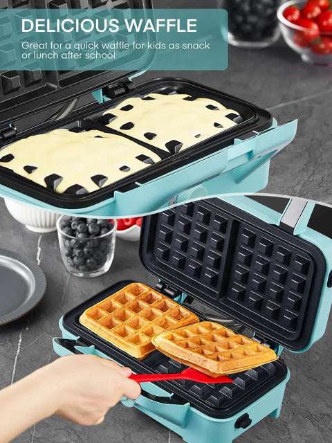 All-In-One Waffle Maker And Panini Press With Removable Plates, 1200W Powerhouse Fast Heating, visible open with waffles inside, blue.