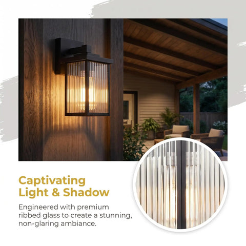Stunning Matte Black Wall Mount Porch Lights, Dope Outdoor Sconces Featuring Hand Textured Glass And Solid Metal Frame, Badass Front Door Or Garage Entry Exterior Lighting Setup with ribbed glass.