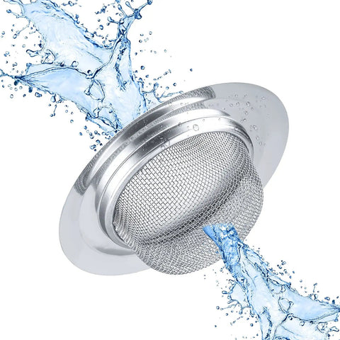 Rock Solid 2 Pack Kitchen Sink Strainer Set No Sweat Stainless Steel Drain Filter With Wide Rim Basin Basket, water flowing through.