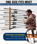 Man using 11 Rod Fishing Rod Storage Rack For Wall Or Ceiling Mount Vertical Or Horizontal Holder With Eleven Rod Capacity Easy Garage Organizer For Poles And Reels holding multiple rods.