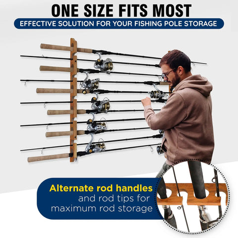 Man using 11 Rod Fishing Rod Storage Rack For Wall Or Ceiling Mount Vertical Or Horizontal Holder With Eleven Rod Capacity Easy Garage Organizer For Poles And Reels holding multiple rods.