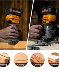 Real Deal Cordless Plunge Router Kit With Fixed And Plunge Bases in use, showing precise wood shaping and trimming.