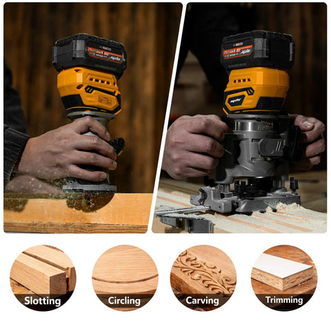 Real Deal Cordless Plunge Router Kit With Fixed And Plunge Bases in use, showing precise wood shaping and trimming.