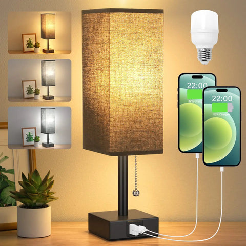 Black Bedside Table Lamp With USB C And USB A Ports, 3 Brightness Levels And 3 Color Temperatures, LED Bulb Shown