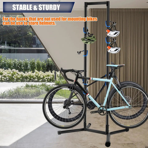 Freestanding Bike Storage Rack For Garage Holds Four Bikes With Adjustable Arms Gravity Indoor Stand Space Saving Vertical Design For MTB And Road Bikes Up To 240lbs No Drill Easy Setup displaying a bike on the rack