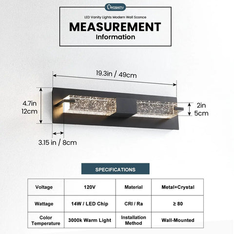 LED Wall Sconce Light 19 Inch Black Modern Dope Crystal Glass Wall Lamps Dimmable 3000K Warm White measurement info