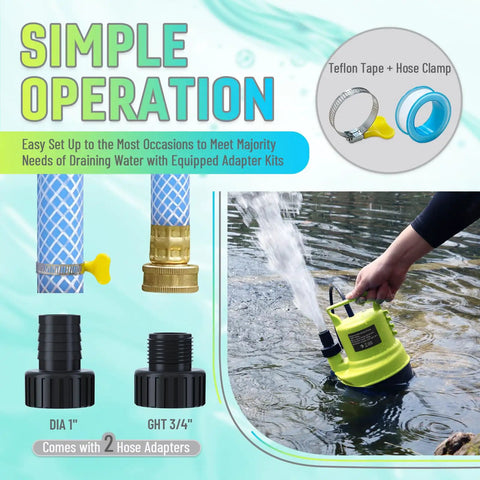Portable 1/4 HP Submersible Sump Pump 1500 GPH Utility Water Pump With 164 Foot Power Cord and Adapters shown with hose adapters.